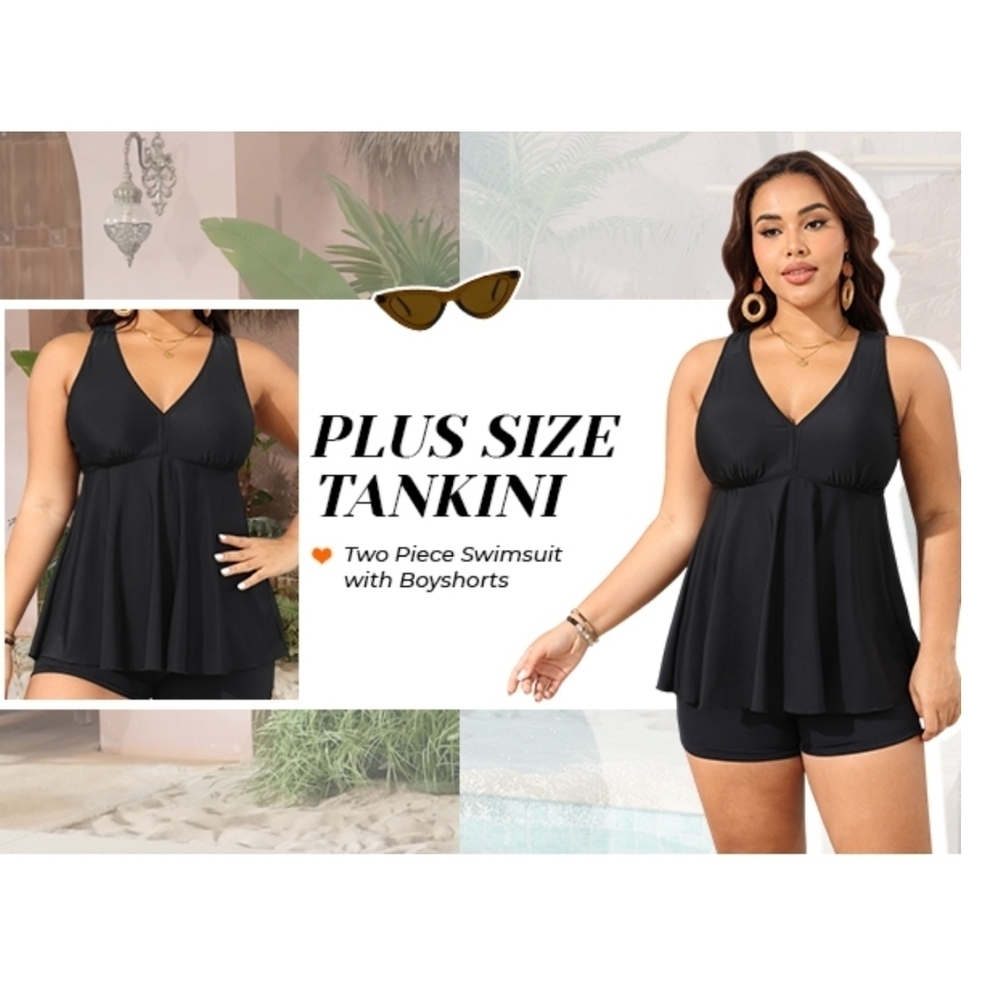 AQUA EVE - 22W Black V-Neck Tankini  2 Piece Swimsuit - Picture 7 of 13